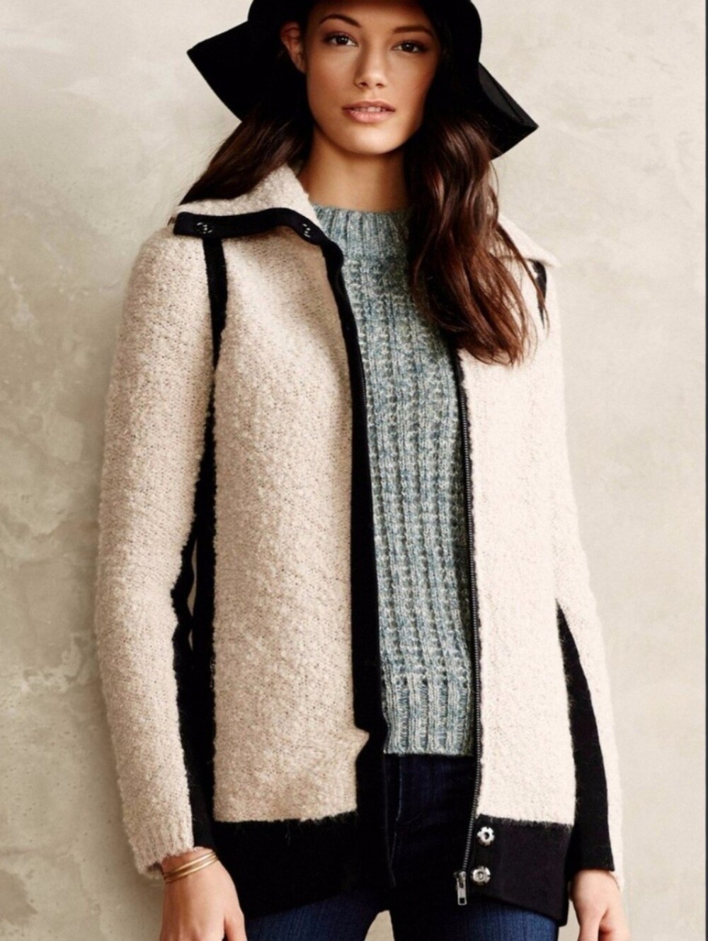 ANTHROPOLOGIE | SPARROW Beige Black Bouclé Wool Mohair Blend Full Zip Knit Coat